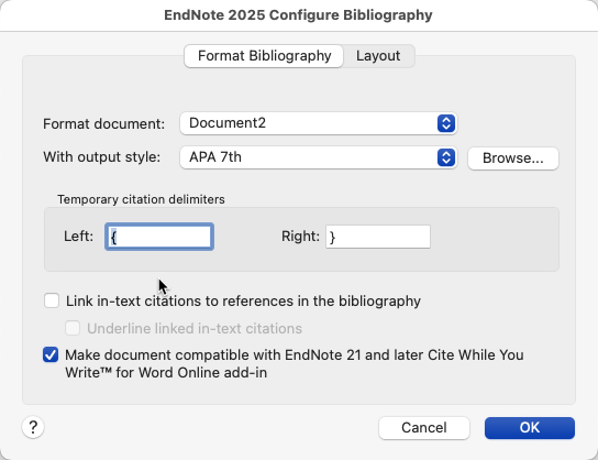 Image showing the Configure Bibliography dialog